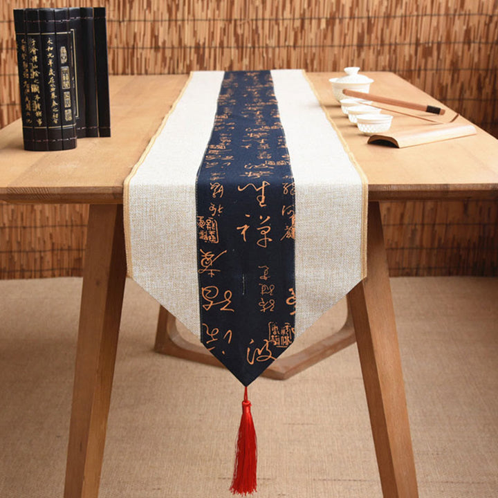 Buddha Stonesクラシックな中国風 蓮 鯉 花 鶴 書道 悟り コットン リネン タッセル テーブルランナー