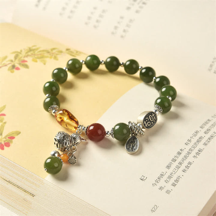 Buddha Stones 925スターリングシルバー 和田シアン翡翠ひょうたん琥珀成功ブレスレット