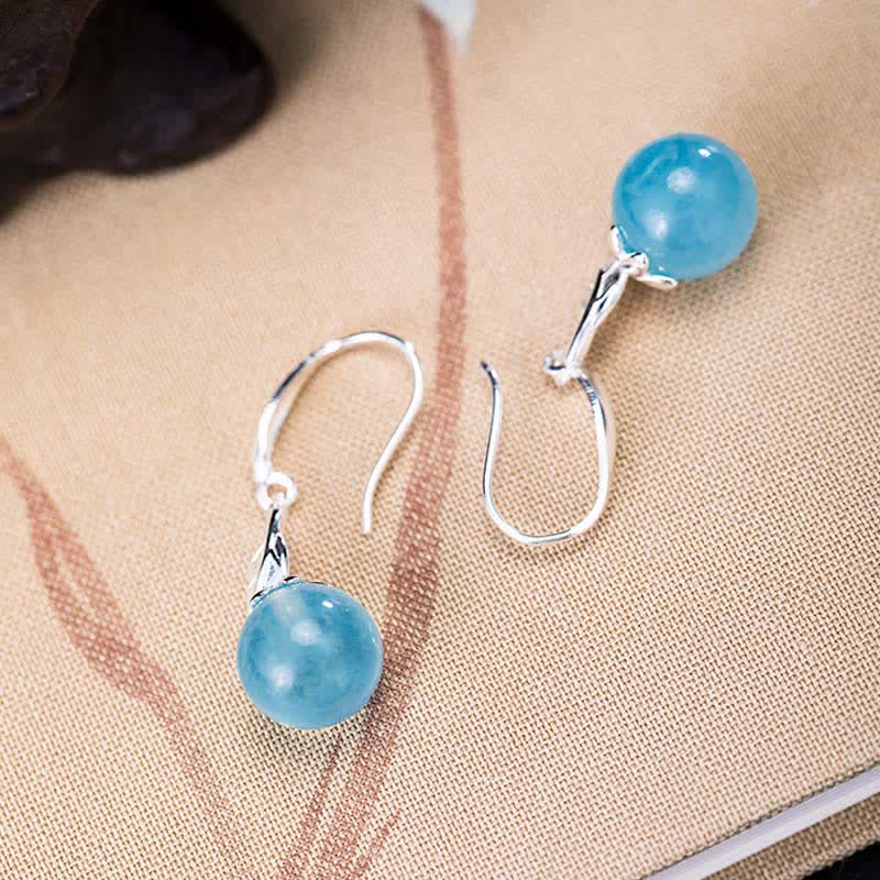 Buddha Stones 925スターリングシルバー 天然アクアマリン リーフフラワー ピース イヤリング ネックレス