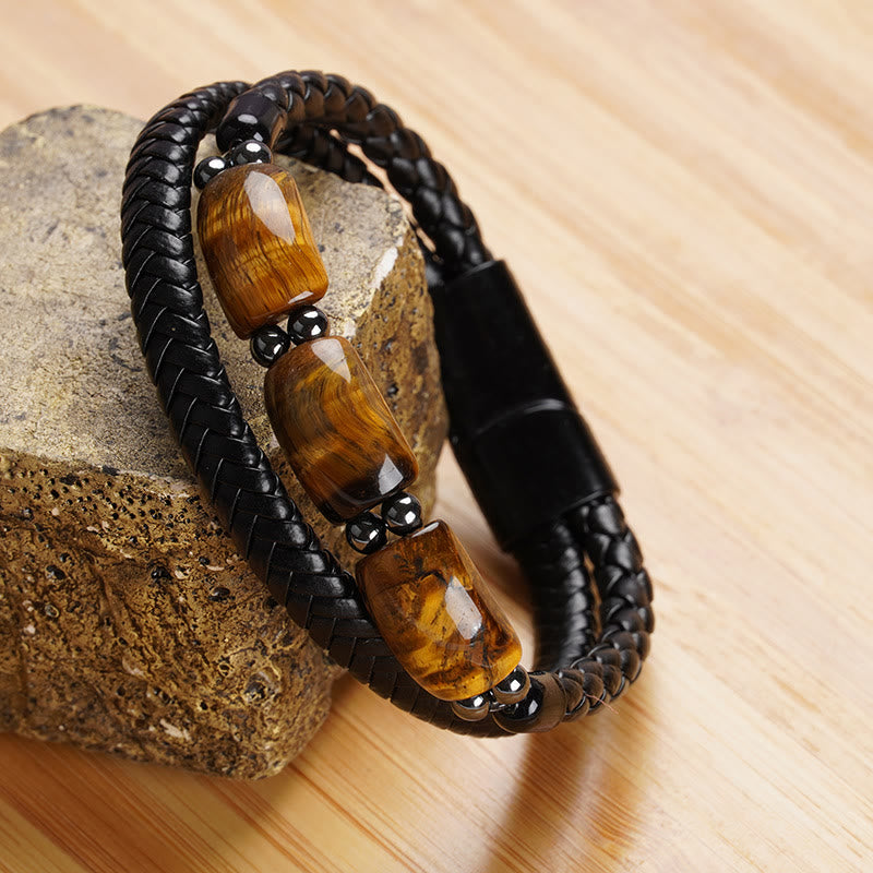Buddha Stones天然タイガーアイ保護意志力磁気バックルレザーブレスレット