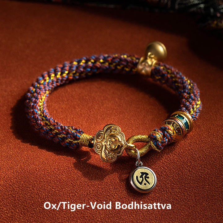 Buddha Stones925 スターリングシルバー十二支誕生仏オーム・マニ・パドメ・フム幸運の鐘 編み込みストリングブレスレット