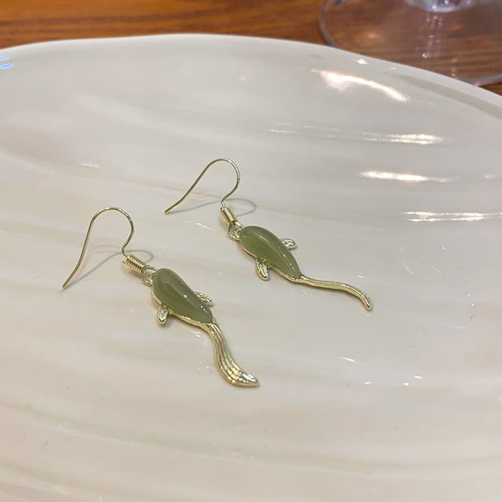 Buddha Stones 魚模様の翡翠 幸運を呼ぶ ドロップイヤリング