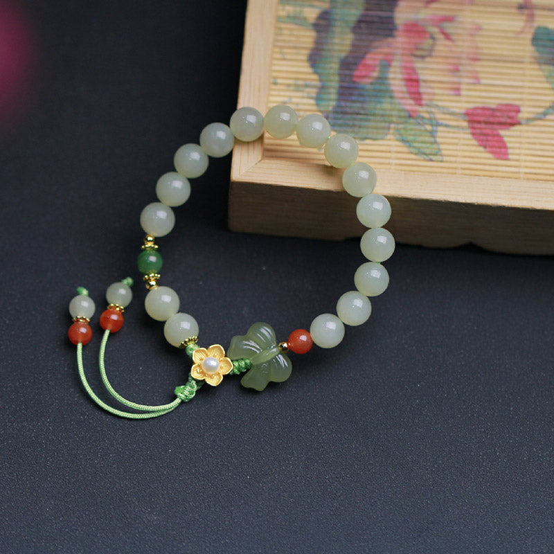 Buddha Stones925スターリングシルバー 翡翠 幸運の花 蝶 ブレスレット