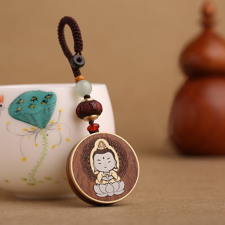 Buddha Stones黒檀木材ローズウッド仏観音菩薩Om Mani Padme Humバランス車のキーチェーン装飾