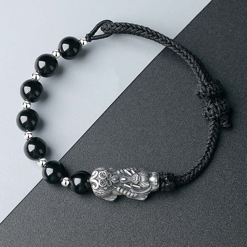 Buddha Stones999スターリングシルバー 風水 貔貅 天然黒曜石 925スターリングシルバー ビーズ 強度ブレスレット