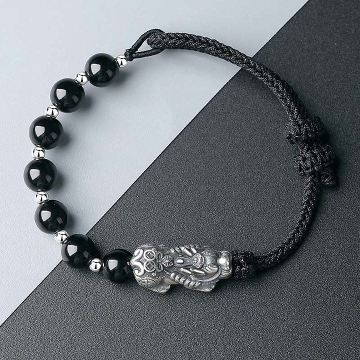 Buddha Stones999スターリングシルバー 風水 貔貅 天然黒曜石 925スターリングシルバー ビーズ 強度ブレスレット