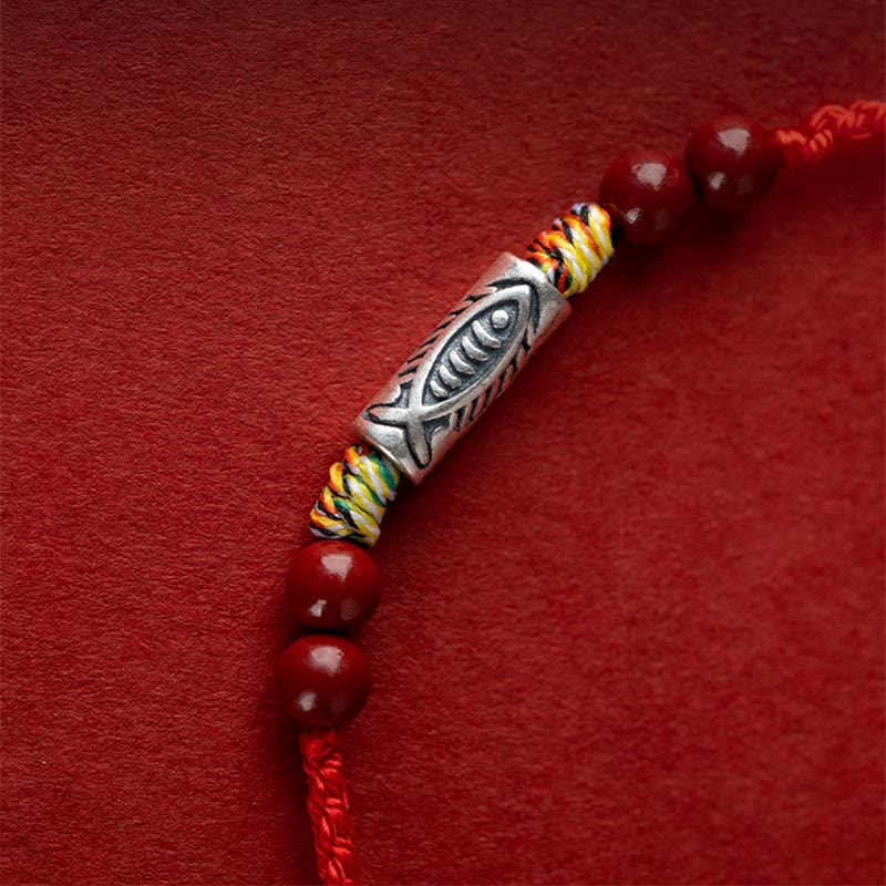 Buddha Stones 925スターリングシルバー 鯉 辰砂 ビーズ 富 手作り 編み込み ブレスレット アンクレット