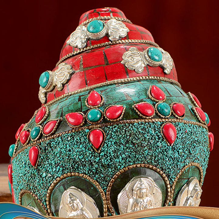 チベット手作り Shankha Om Mani Padme Hum Buddha Avalokitesvara ターコイズ コンクシェル ポジティブ装飾