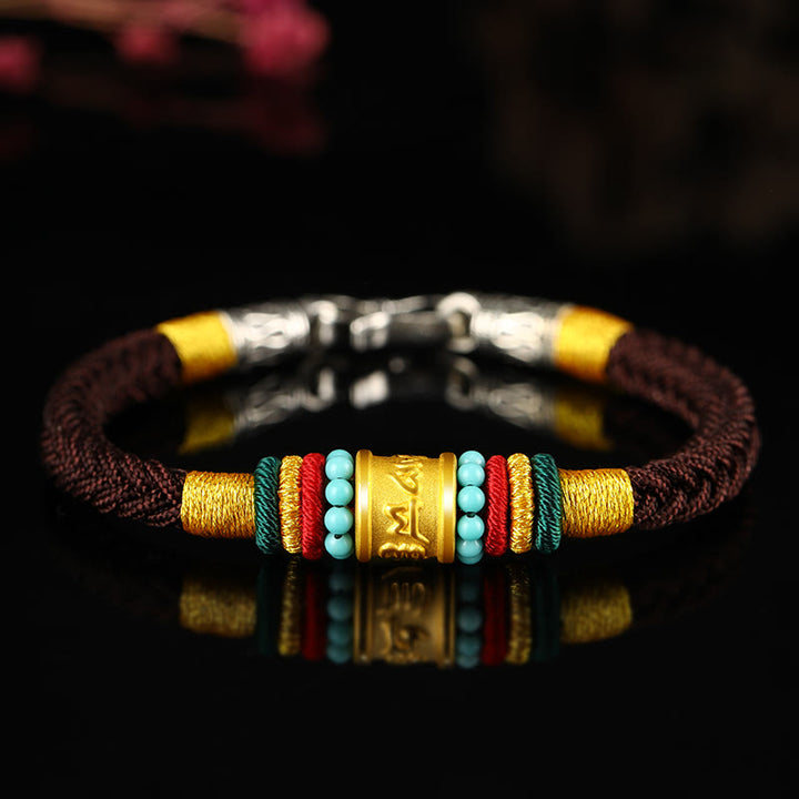 Buddha Stonesチベット 999ゴールドオーム・マニ・パドメ・フムハンドメイド 8スレッド ピースノット幸運ブレスレット - ターコイズシルバーバックルブラウンロープ - 19cm - image 16