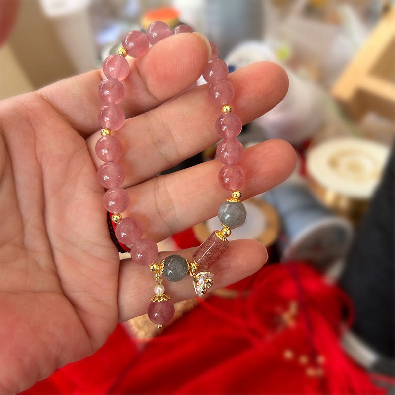 Buddha Stones天然ストロベリークォーツ ジルコンフラワー ポジティブチャームブレスレット