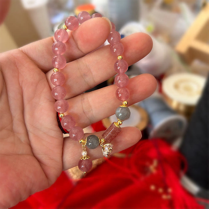 Buddha Stones天然ストロベリークォーツ ジルコンフラワー ポジティブチャームブレスレット
