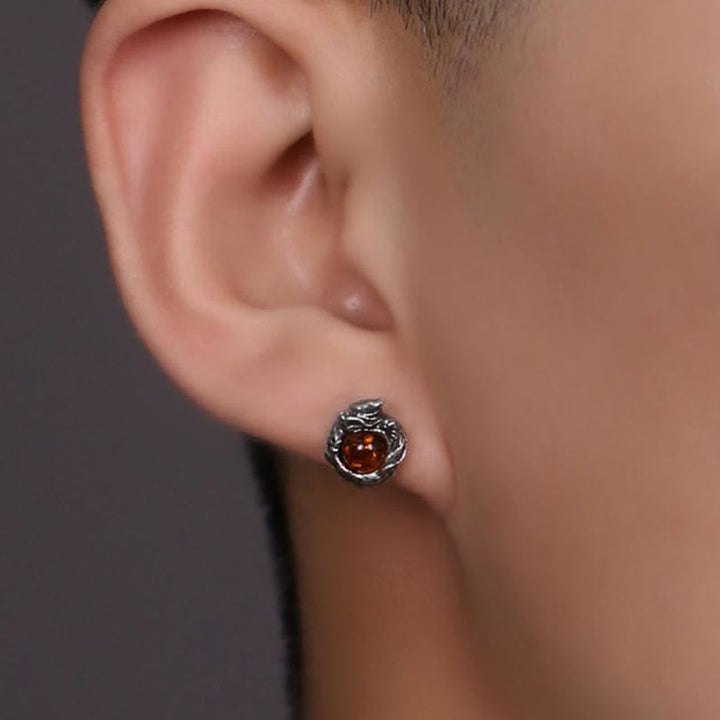 Buddha Stones925スターリングシルバー 天然琥珀 ドラゴン 成功の守護 スタッドピアス