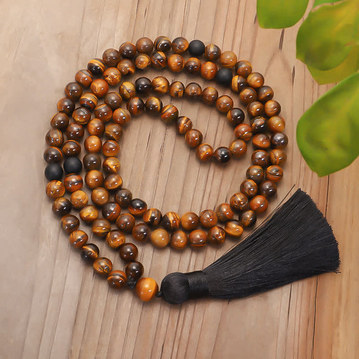 Buddha Stones108ビーズMalaタイガーアイ プロテクション タッセルブレスレット
