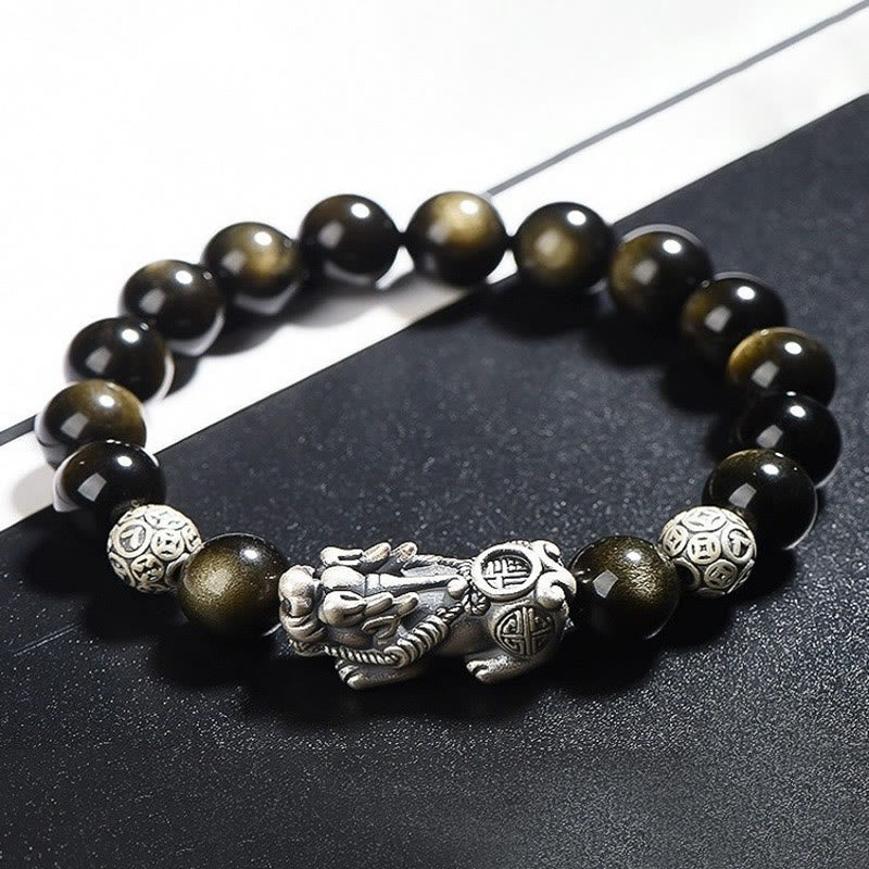 Buddha Stones925スターリングシルバー 天然ゴールド 光沢 黒曜石 貔貅 富の守護ブレスレット