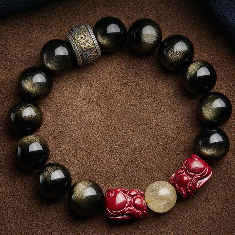 Buddha Stones金彩 黒曜石 貔貅 辰砂オーム・マニ・パドメ・フム守護ブレスレット