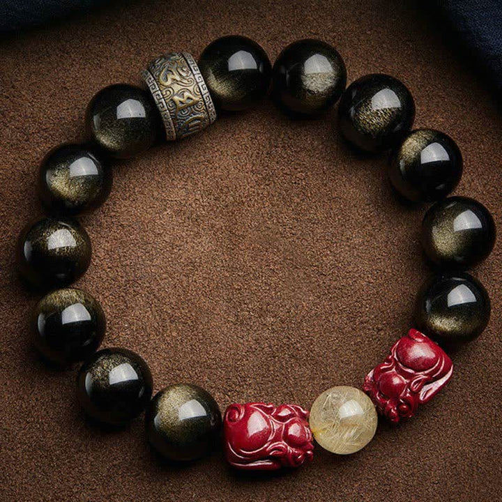 Buddha Stones金彩 黒曜石 貔貅 辰砂オーム・マニ・パドメ・フム守護ブレスレット