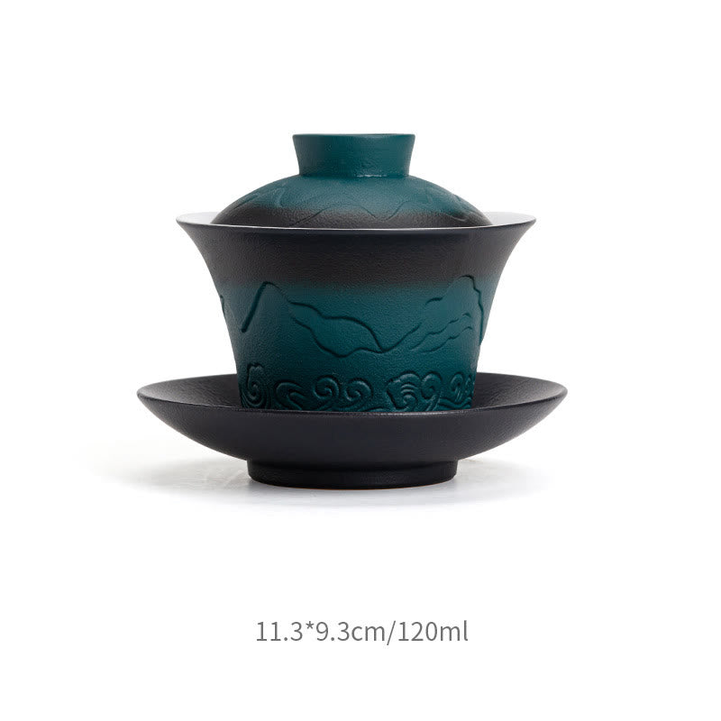 Buddha Stonesレトロブルーオーシャン海の波グラデーションセラミック蓋湾三彩ティーカップカンフーティーカップとソーサー蓋付き