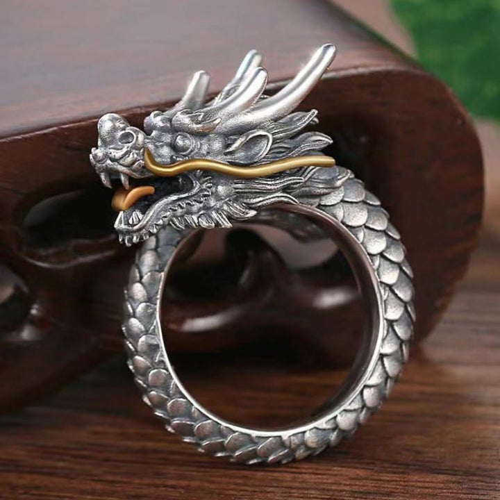 Buddha Stones925 スターリングシルバー ヴィンテージ ドラゴンデザイン 保護 強度 調節可能 リング