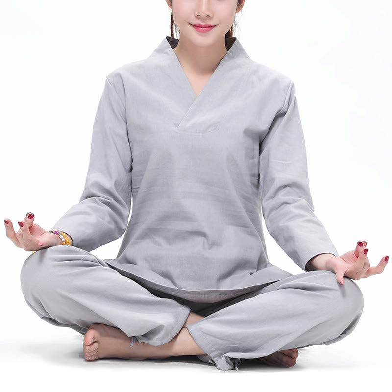 Buddha Stones禅 練習 ヨガ 瞑想 祈り Vネックデザイン ユニフォーム コットンリネン 服 レディース セット - ライトグレー - US6、 UK/AU10、EU38（2XL） - image 5
