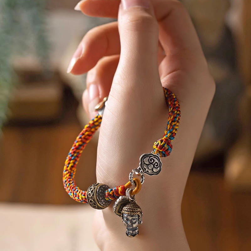 Buddha Stonesハンドメイド チベット 925 スターリングシルバー十二支誕生仏ザキラム 富の守護女神 マルチカラー ロープ編みブレスレット