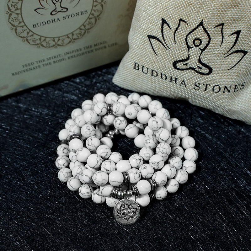 Buddha Stonesホワイトターコイズ ロータスMalaヒーリングブレスレット