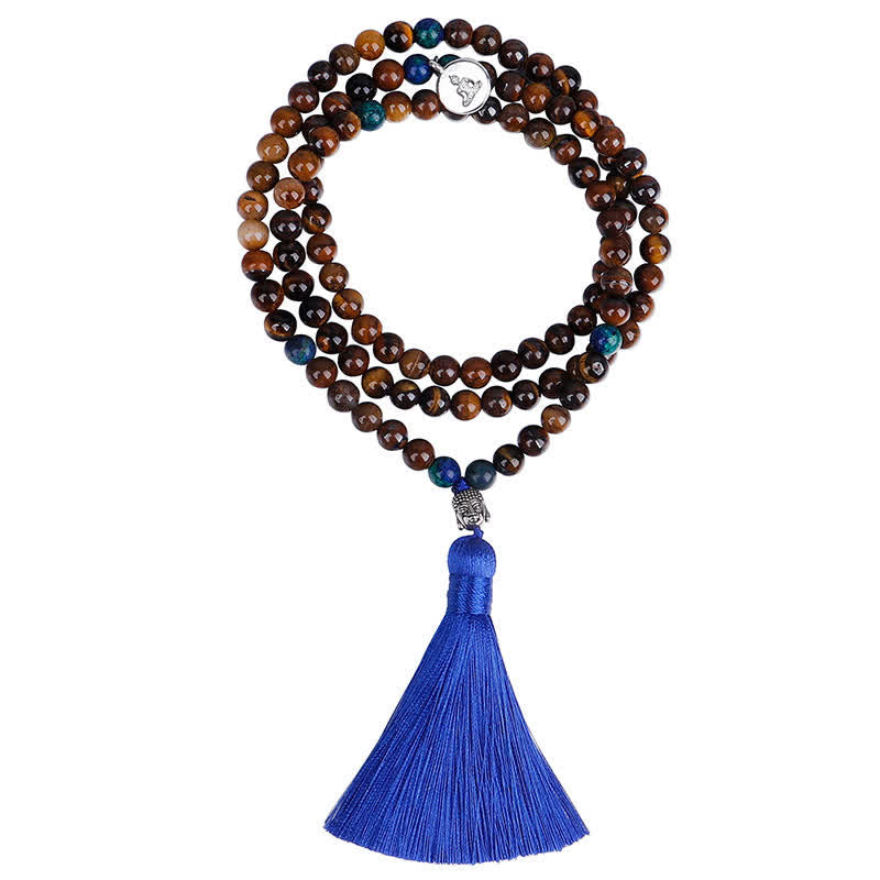 Buddha Stones108Malaビーズ タイガーアイ 仏陀の強さのブレスレット タッセルネックレス ペンダント