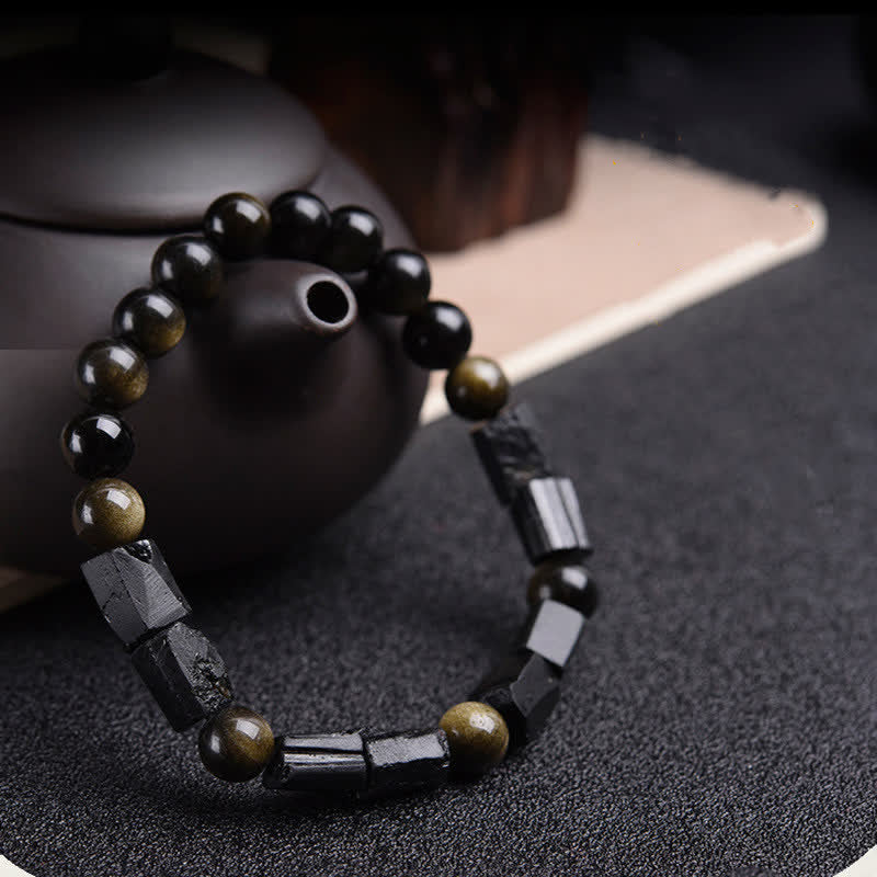 Buddha Stonesゴールドシーンオブシディアン ブラックトルマリン ウェルスブレスレット