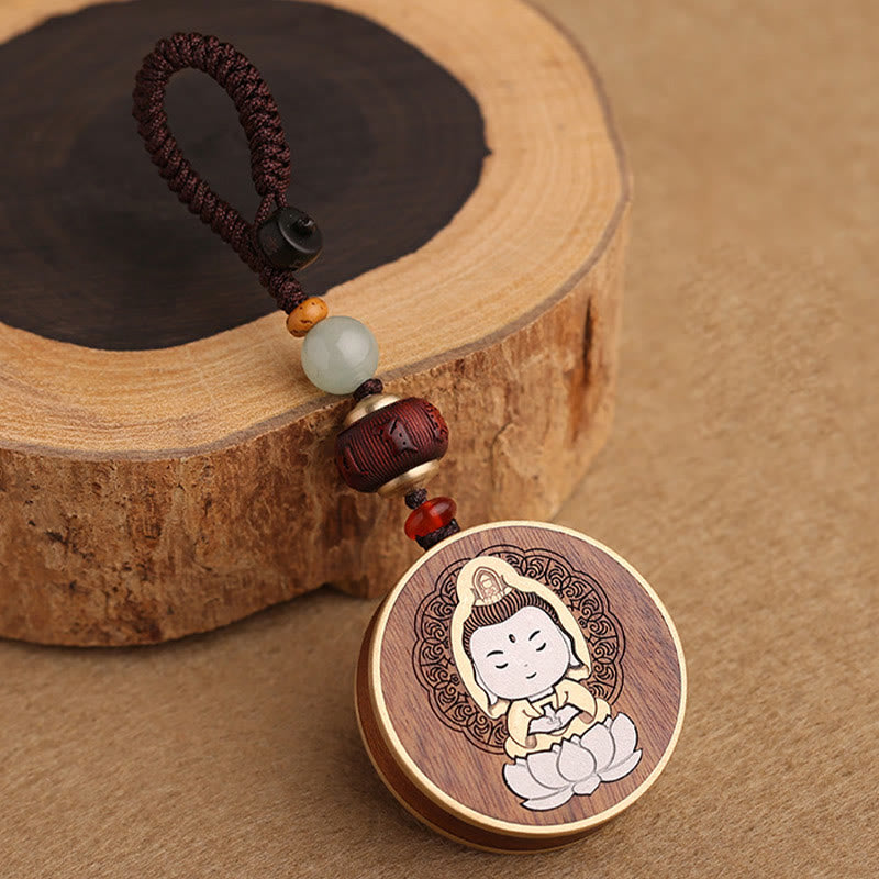 Buddha Stones黒檀木材ローズウッド仏観音菩薩Om Mani Padme Humバランス車のキーチェーン装飾