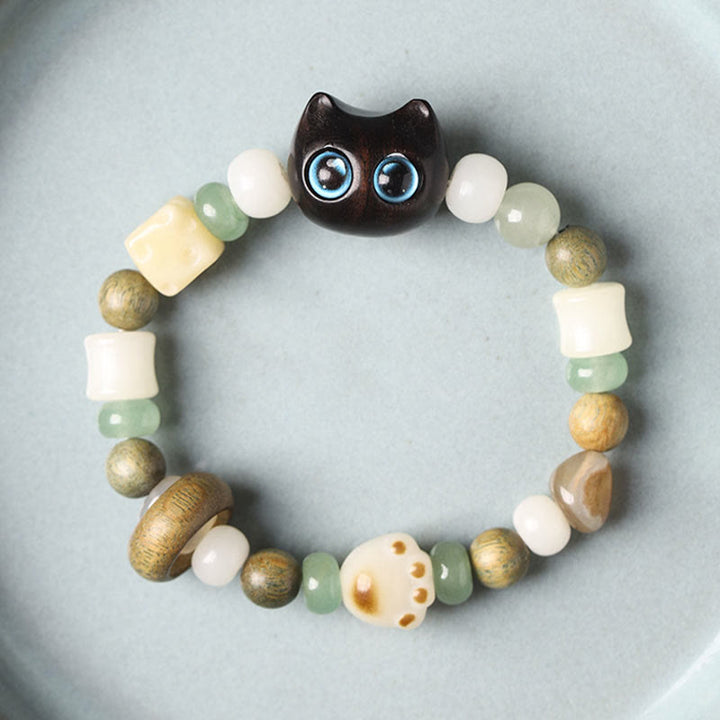 Buddha Stones菩提樹 緑白檀黒檀小葉紫檀猫の頭 足爪 平和ブレスレット - image 3