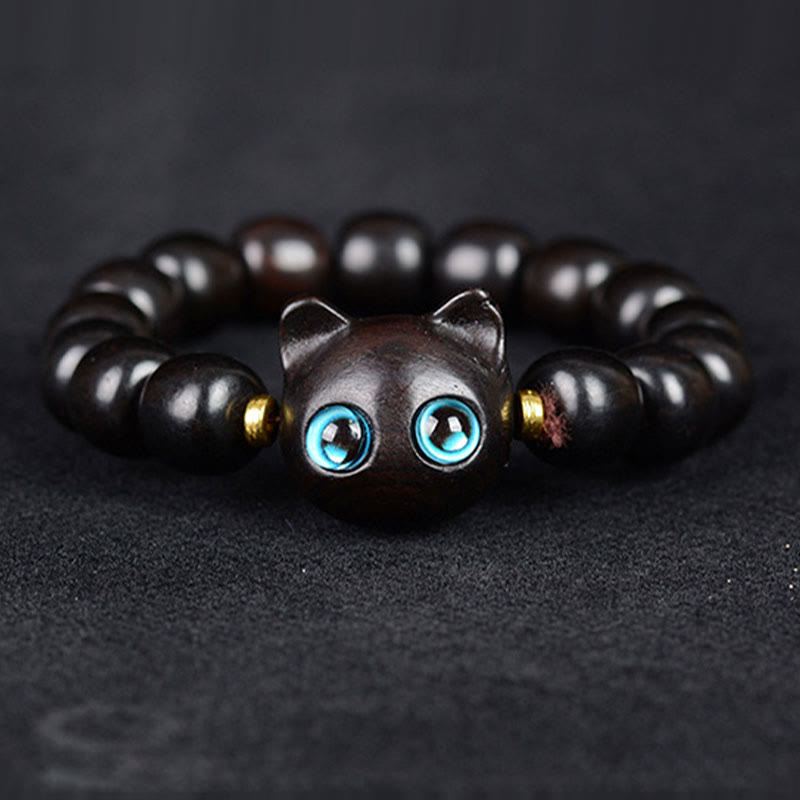 Buddha Stones、黒檀、緑檀、赤檀、愛らしい猫のバランスブレスレット - image 2