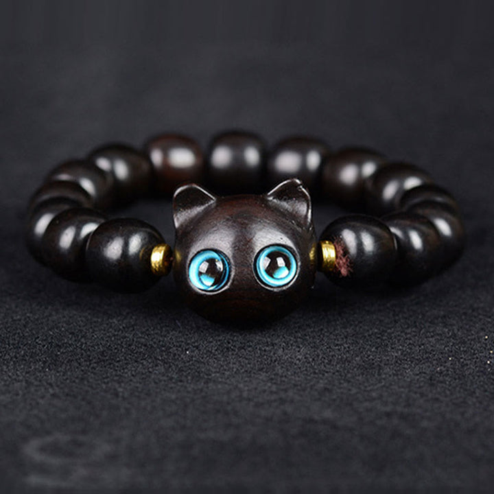 Buddha Stones、黒檀、緑檀、赤檀、愛らしい猫のバランスブレスレット - image 2