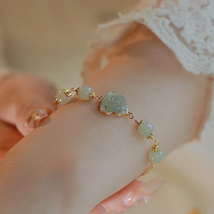 Buddha Stones14K ゴールドメッキ 和田翡翠 ローズフラワー 幸運のチェーンブレスレット