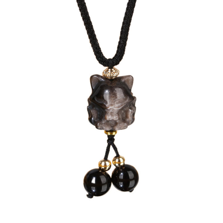 Buddha Stones天然銀光沢黒曜石 九尾狐 守護ネックレスペンダント