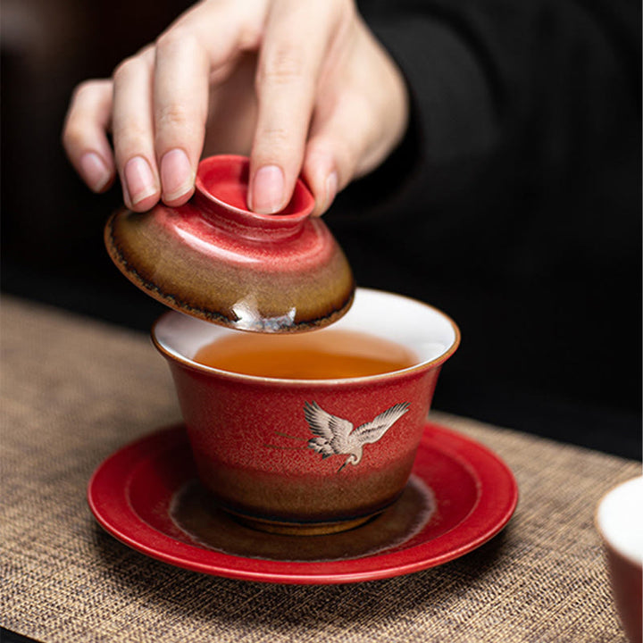 Buddha Stones赤縁起の良い鶴 陶器 蓋碗三彩 ティーカップ カンフーティーカップ＆ソーサー 蓋付き