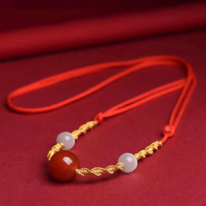 Buddha Stones天然赤瑪瑙 キャッツアイ カーム編み紐ブレスレット ネックレスペンダント - レッドアゲート＆キャッツアイ レッドロープネックレス 70cm - image 5
