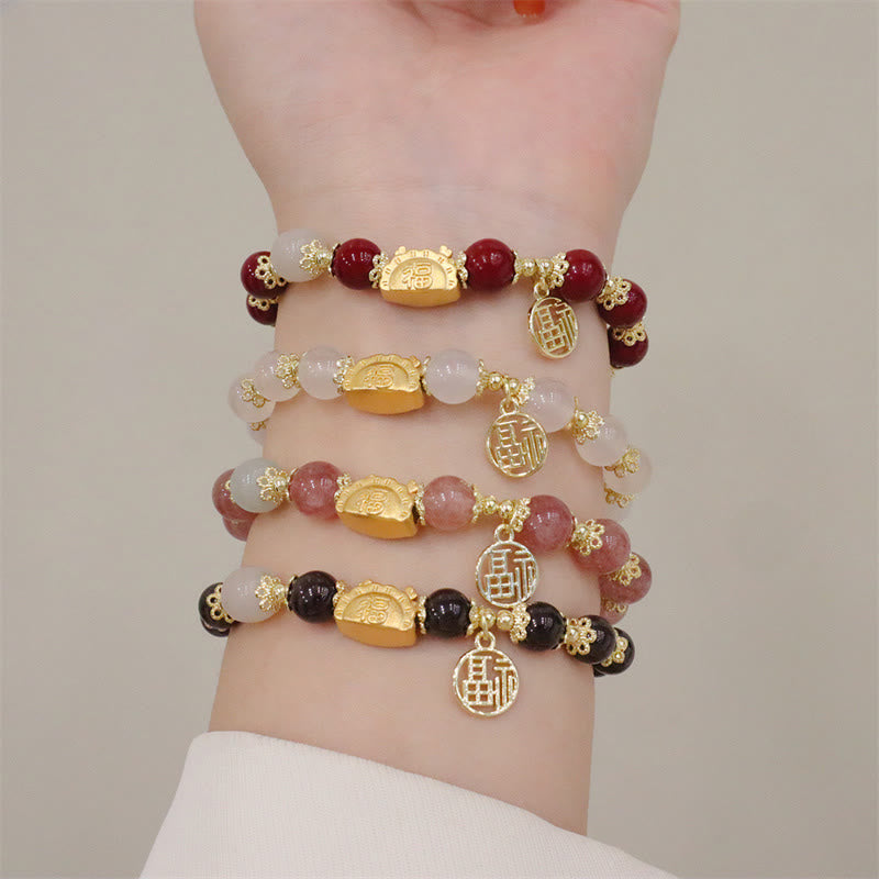 Buddha Stones赤瑪瑙 ストロベリークォーツ 黒曜石 翡翠 ガーネット 真珠 辰砂 団子型 龍 幸運 福 キャラクター ブレスレット - image 2