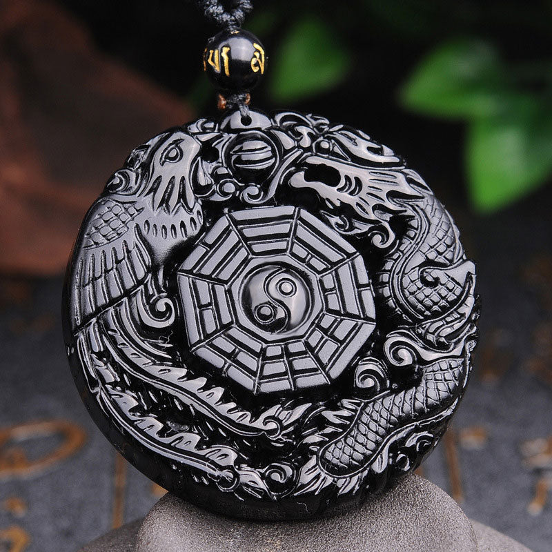 Buddha Stones八卦龍鳳凰黒曜石成就ペンダントネックレス - image 2