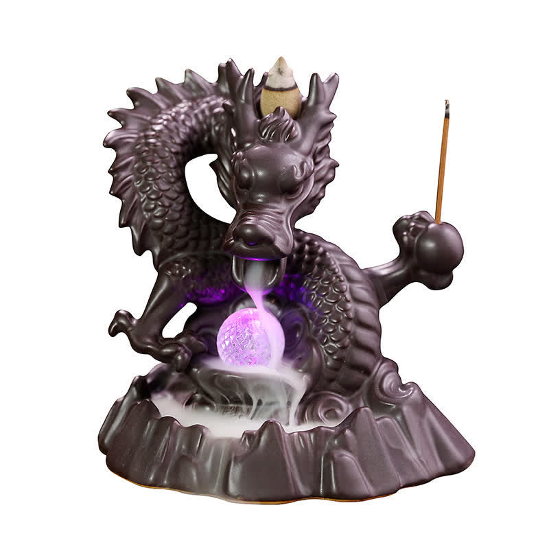 Buddha Stones縁起の良い龍 セラミック 逆流煙噴水 瞑想 癒し 香炉 LED ボール 装飾