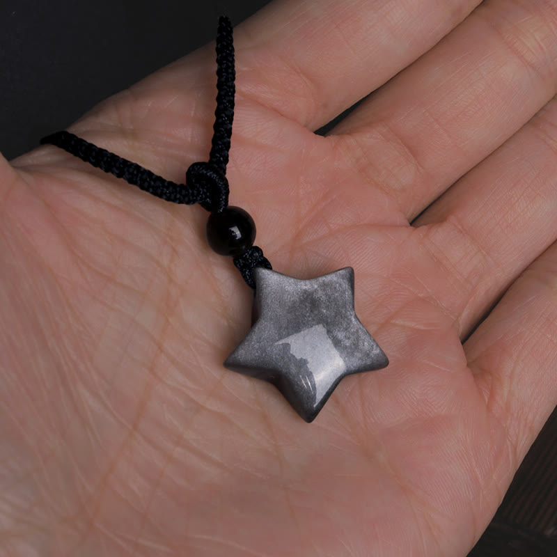 Buddha Stones天然銀光沢黒曜石 星 三日月 守護ネックレスペンダント
