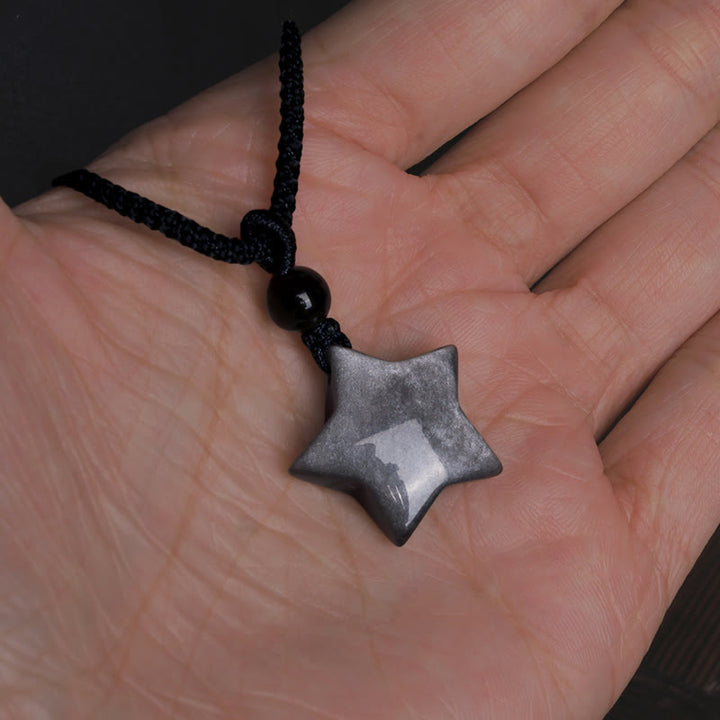 Buddha Stones天然銀光沢黒曜石 星 三日月 守護ネックレスペンダント