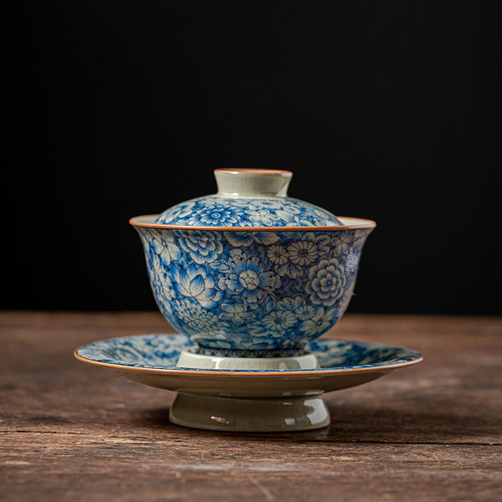 Buddha Stonesヴィンテージ青と白の磁器桃の花蓮牡丹セラミック蓋碗三彩ティーカップカンフーティーカップとソーサー蓋付き