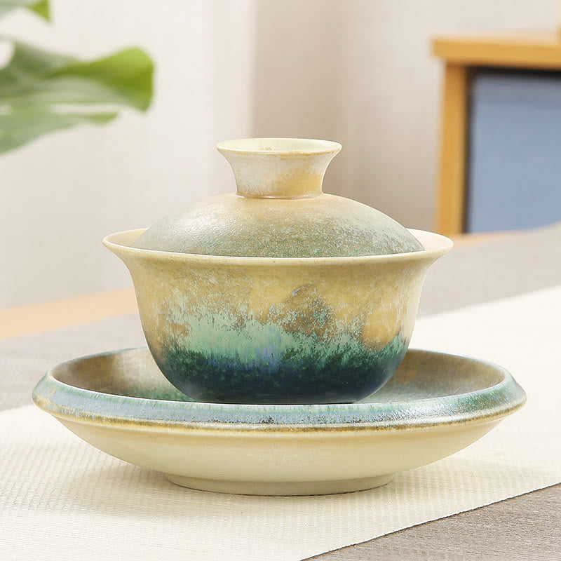 Buddha Stones緑の海の波模様 磁器 セラミック 蓋碗 三彩 ティーカップ カンフー ティーカップ ソーサー 蓋付き