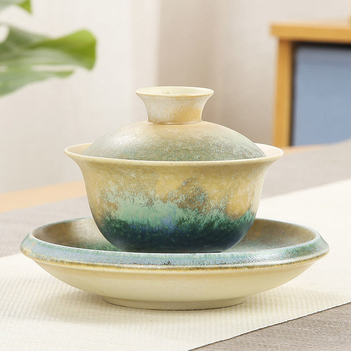 Buddha Stones緑の海の波模様 磁器 セラミック 蓋碗 三彩 ティーカップ カンフー ティーカップ ソーサー 蓋付き