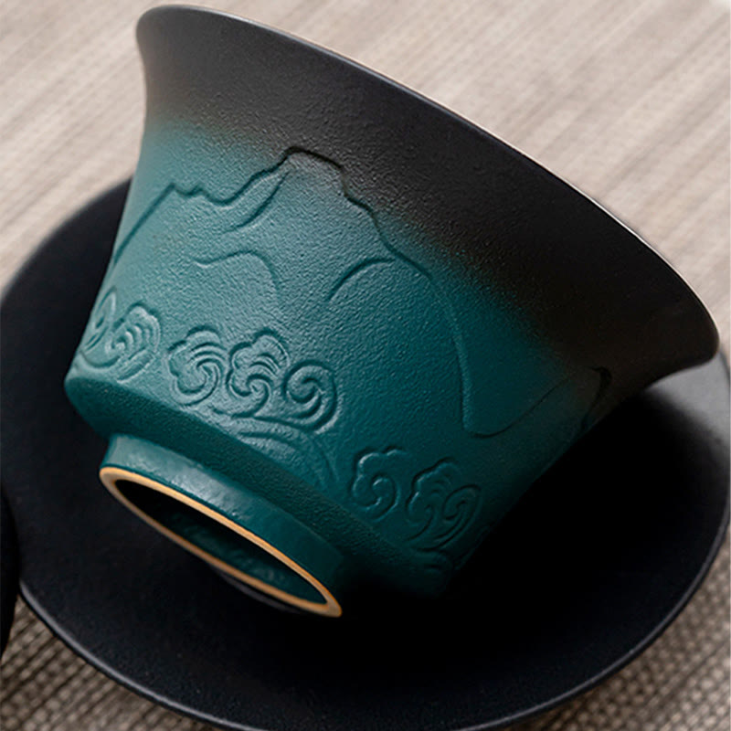 Buddha Stonesレトロブルーオーシャン海の波グラデーションセラミック蓋湾三彩ティーカップカンフーティーカップとソーサー蓋付き