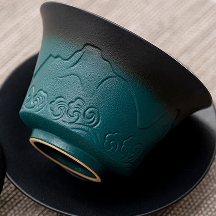Buddha Stonesレトロブルーオーシャン海の波グラデーションセラミック蓋湾三彩ティーカップカンフーティーカップとソーサー蓋付き
