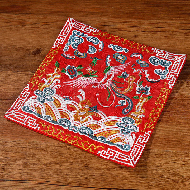 Buddha Stones鳳凰 龍 麒麟 刺繍 カップマットパッド ティーカップコースター スクエア カンフーティーマット