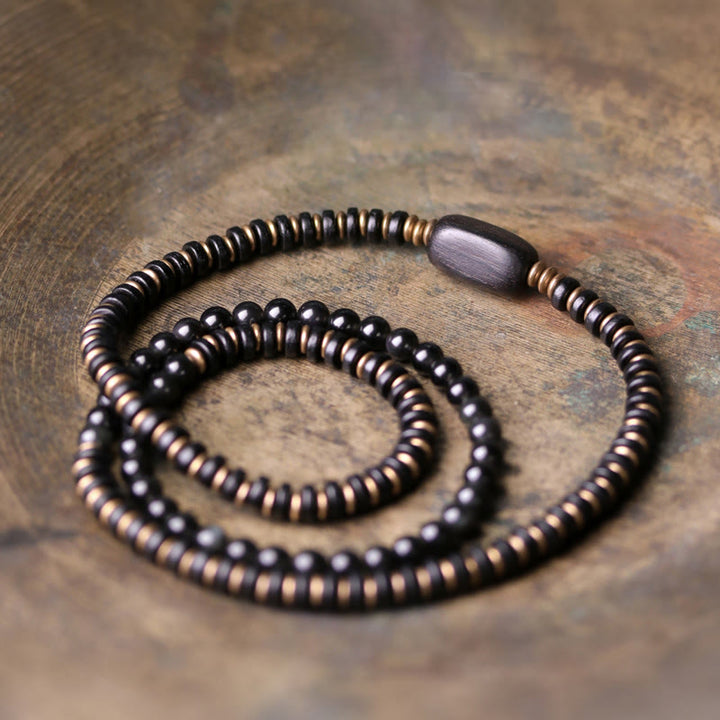 Buddha Stonesレインボーオブシディアン 黒檀 木 銅 ヒーリング トリプルラップブレスレット