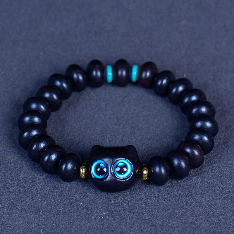 Buddha Stones、黒檀、琉璃ガラス、愛らしい猫の平和バランスブレスレット - 黒檀 7*10mm*21ビーズ（手首周り14-16cm） - image 1