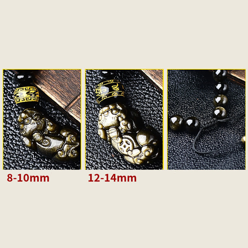 Buddha Stonesナチュラルゴールド光沢黒曜石貔貅オーム・マニ・パドメ・フム富編組ブレスレット