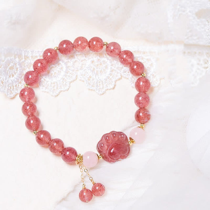 Buddha Stones天然ストロベリークォーツ ピンククリスタル ラッキーキャットポー ラブブレスレット - ストロベリークォーツ - image 0